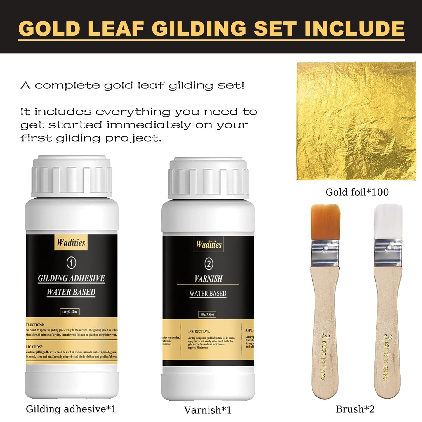 Wadities Gold Leaf Gilding Adhesive Set, 100ml Water Based Glue and 100ml Varnish, Gold Leaf Sheets 100 pcs, 2 Brushes, for Craft, Painting and Arts