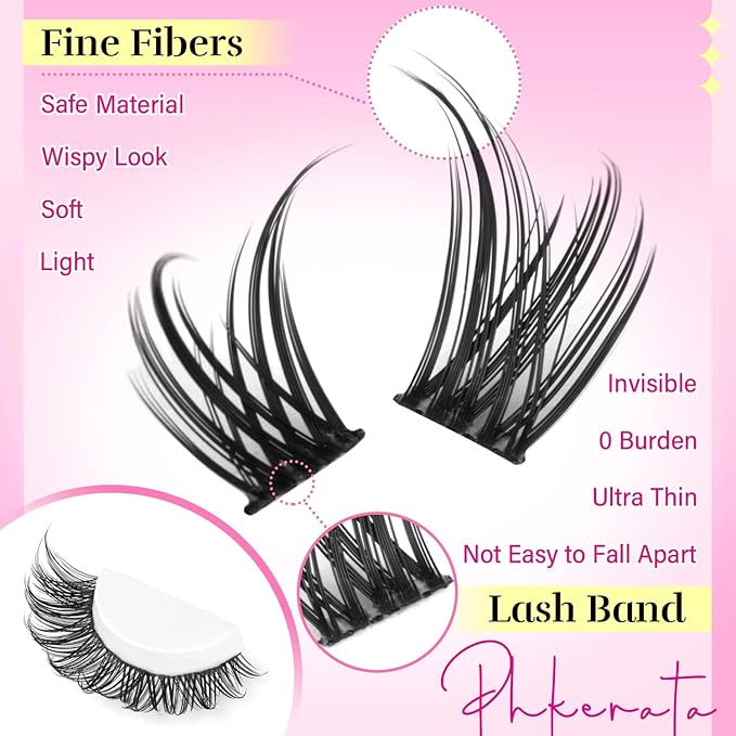 PHKERATA Wispy Lash Clusters Kit Natural Lash Extension Kit 192 pcs Cluster Eyelash Extension Kit DIY Individual Lashes Lashes with Lash Glue Bond and Seal Tweezers Soft Eyelash Clusters, 8-16 mm