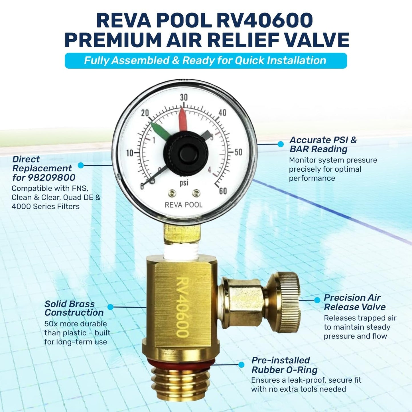 RV40600 (98209800) Brass Air Relief Valve | Compatible with Pool Filter Systems - FNS, Clean and Clear, Quad DE, 4000 Series Filters I Essential Pool Maintenance Accessory, Yellow/Black