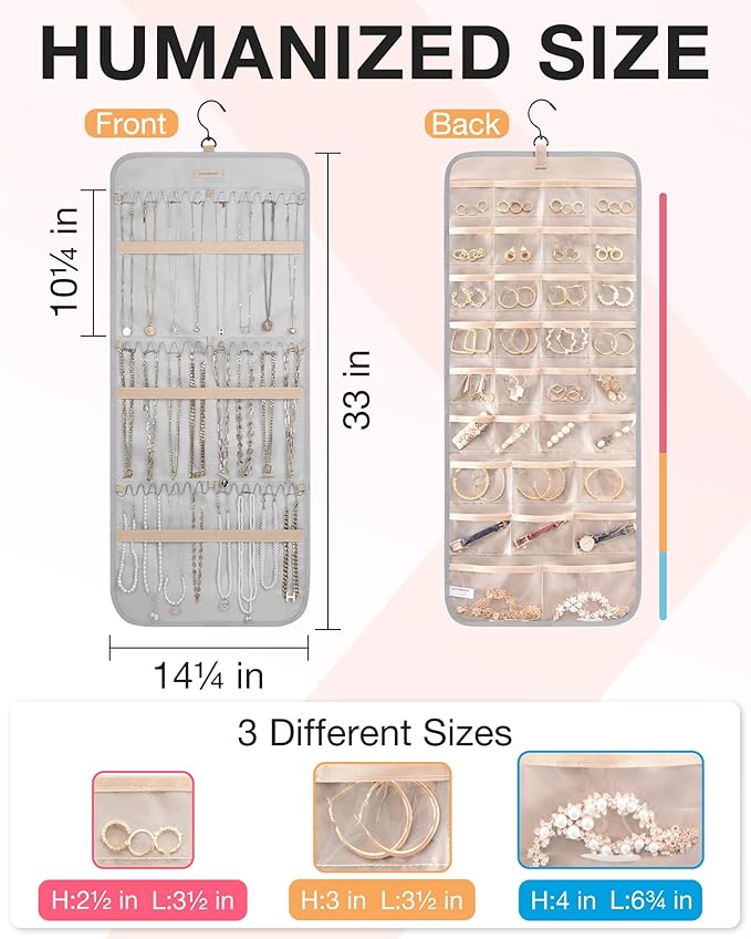 BAGSMART Hanging Jewelry Organizer Storage Roll with Hanger Metal Hooks Double-Sided Jewelry Holder for Earrings, Necklaces, Rings on Closet, Wall, Door, 1 piece, Large, Grey