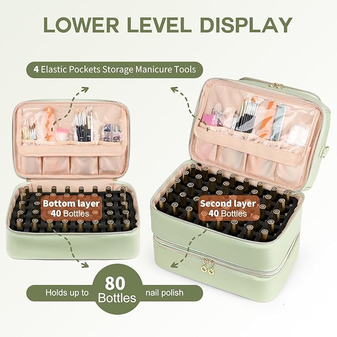 Uross Nail Polish Organizer Bag Holds 90 Bottles Nail Polish, Nail Lamp, Nail Supplies- Nail Organizers and Storage Case for Nail Tech, Nail Stuff Gel Kit Box- Green