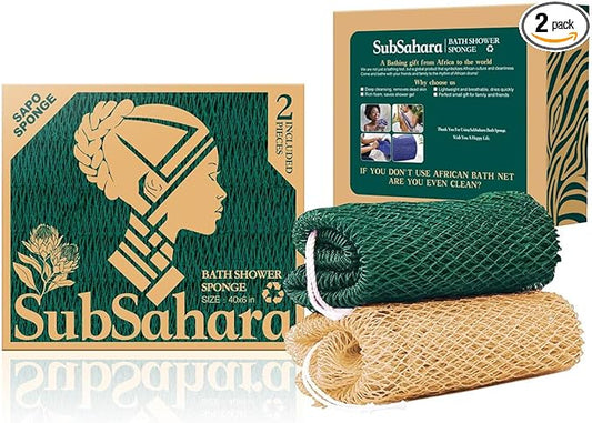 SubSahara Authentic African Net Sponge - 2 Pack Exfoliating Bath & Shower Loofah Sponge for Body & Face, Gentle Scrubber for All Skin Types, Travel, Durable (Golden & Forest Green)