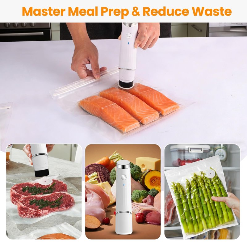 Compact Vacuum Sealer for Food (Portable Vacuum Sealer Machine+30 Reusable Bags) Compact Handheld Food Saver for Meat, Camping & RV Travel,Seal Food 6X Fresh Longer, Portable & Wireless, Easy-Clean