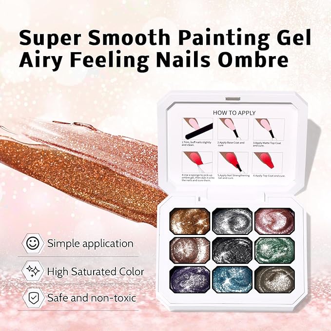 Christmas Pearl Gel Nail Polish, 9 Colors Glitter Ombre Gel Polish Palette Pat Paint Aurora Mermaid Gold Silver Green Pink Sparkle Reflective Holographic Nail Art, No Wipe, UV/LED Curing (Set 11)