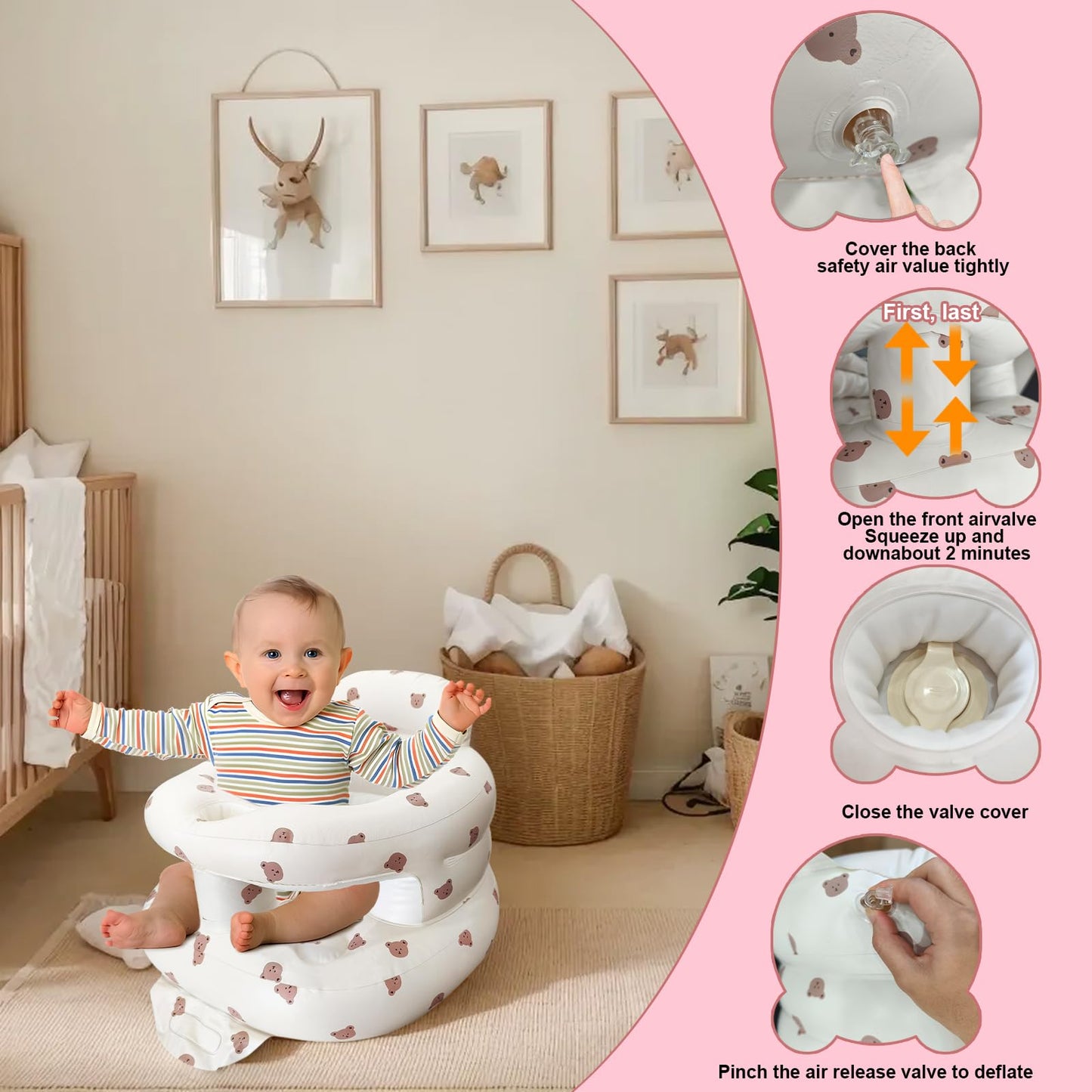 Inflatable Baby Seat for Babies 3-36 Months, Baby Chair with Fence & Built in Air Pump, Blow Up Floor Baby Seat with Back Support, Inflatable Baby Chair Sit Me Up for Home, Travel (Bear)