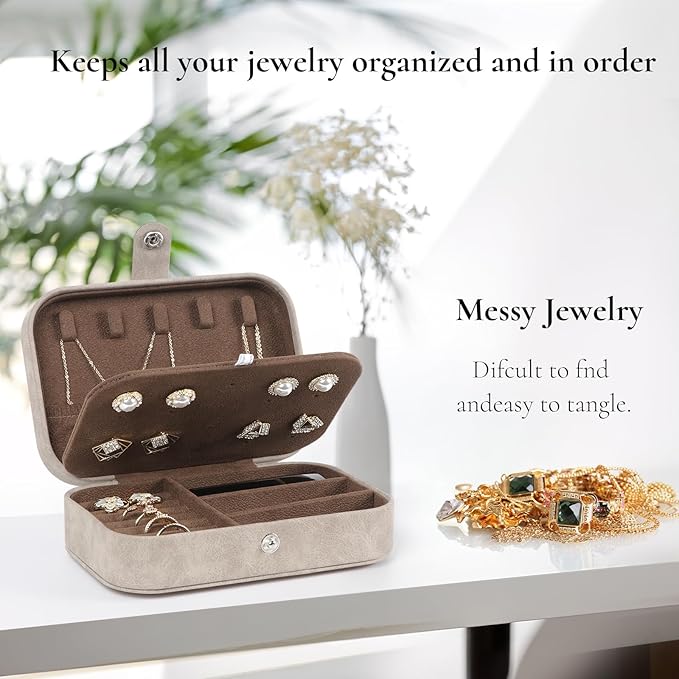 Hatori Travel Jewelry Box, PU Leather Small Jewelry Organizer for Women Girls, Portable Mini Travel Case Display Storage Holder Boxes for Stud Earrings, Rings, Necklaces, Bracelets (Brown)