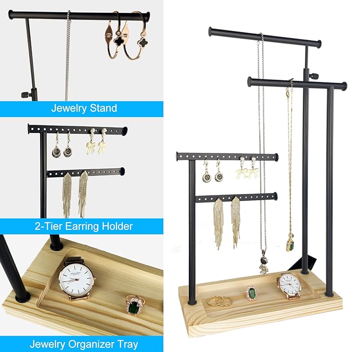 Premium Jewelry Stand, 4-Tier Storage Necklace Holder Stand, Earring Holder AdjustableTall 20I N (Max), Jewelry Organizer for Necklace, Bracelet, Earring, Black