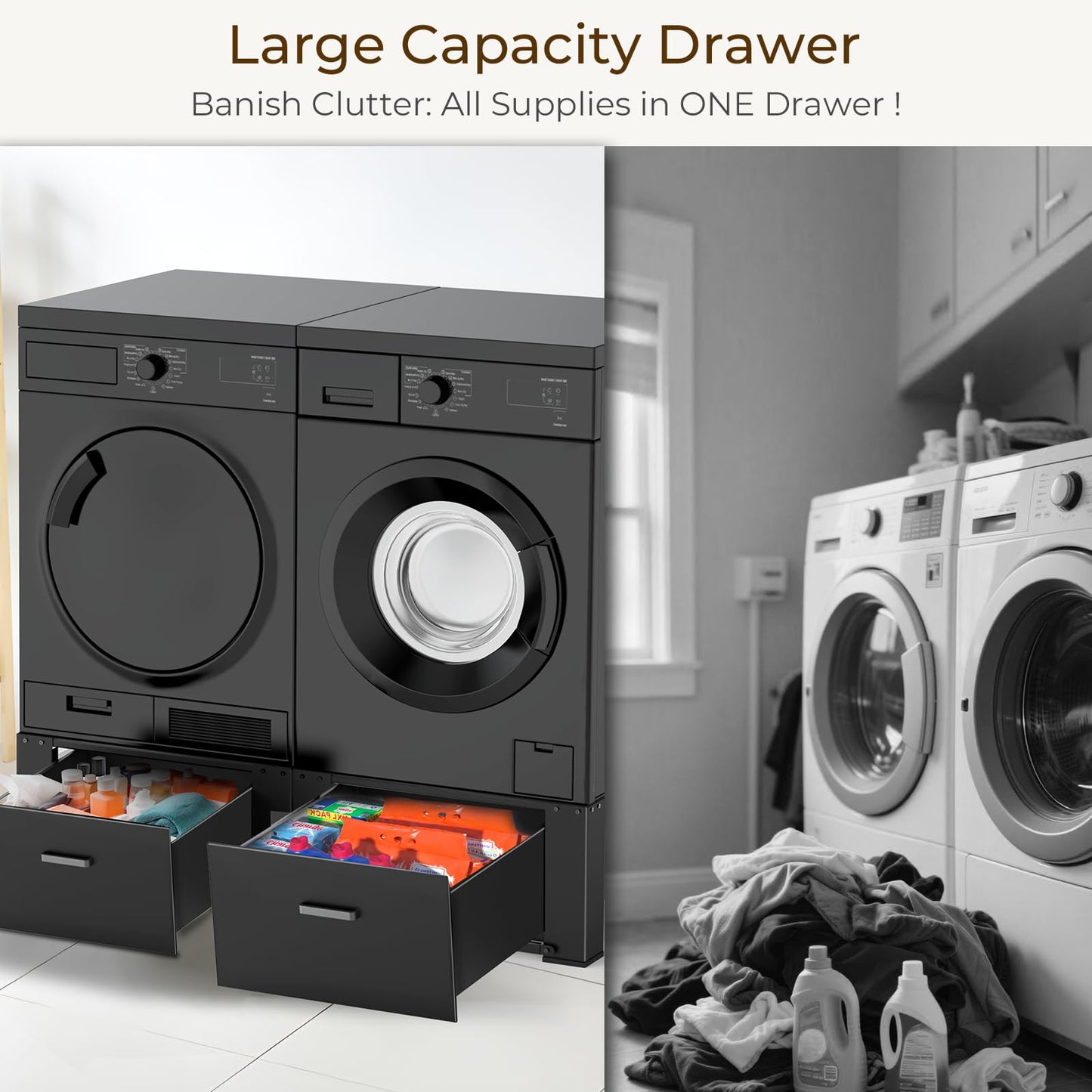 SKM Washer and Dryer Pedestal with Drawer, Laundry Pedestal for Washer and Dryer Stand, Heavy Duty Steel Washing Machine Stand Height Raiser (2, black, 28" W x 29" D x 14" H)