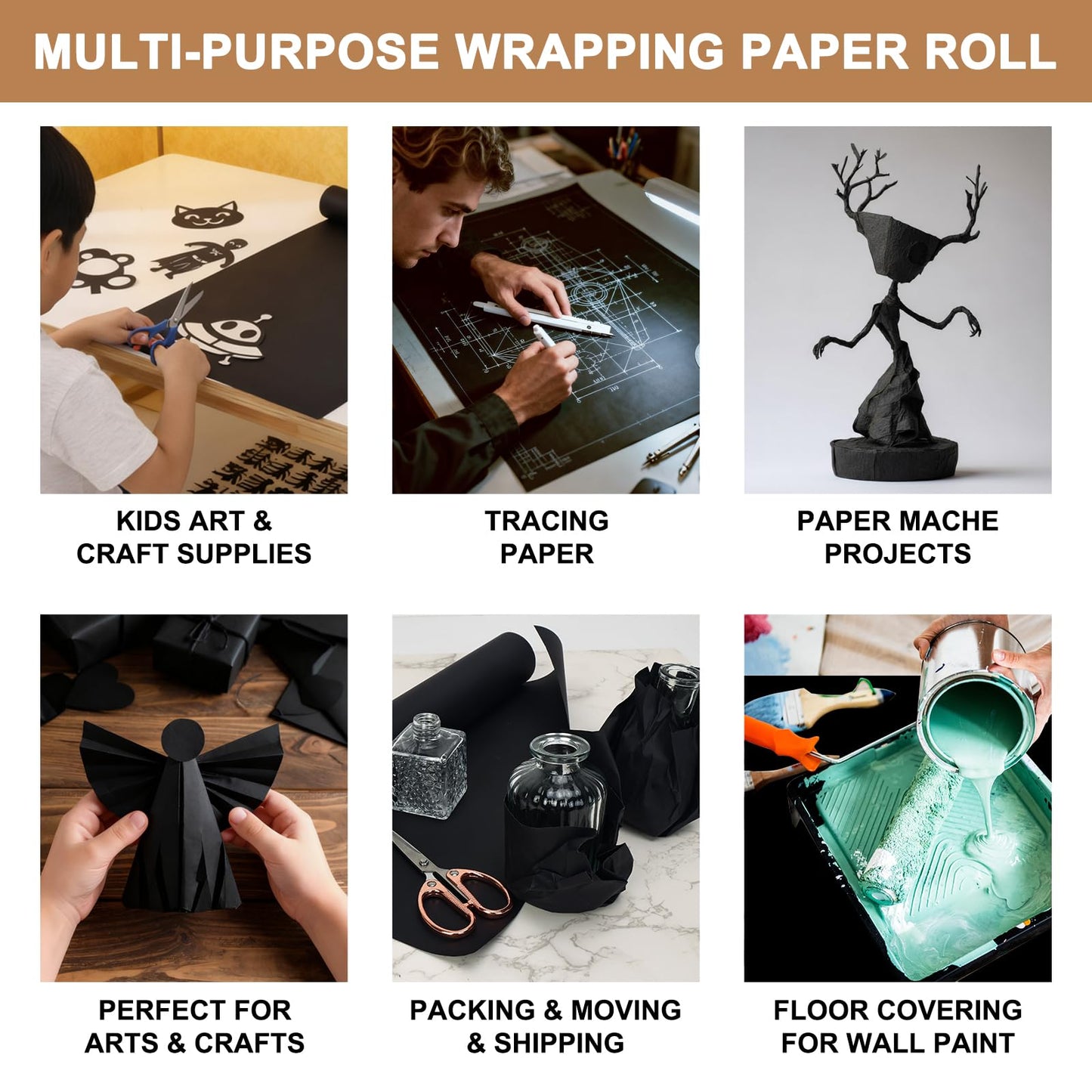Moretoes 36" x 1,200"(100') Black Kraft Paper Roll for Bulletin Board, Wrapping Paper Roll for Gift Packing Craft Banner Art Table Covering Bouquet Flower Packing Moving Shipping 85GSM
