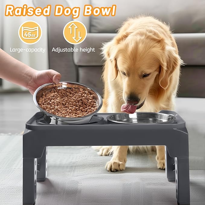 Hubulk Elevated Dog Bowls with 2 Stainless Steel Dog Food & Water Raised Bowls with No Spill Edge Non-Slip Stand Adjusts to 3 Heights(2.75", 6.0", 7.5") for Small Medium Dogs and Pet