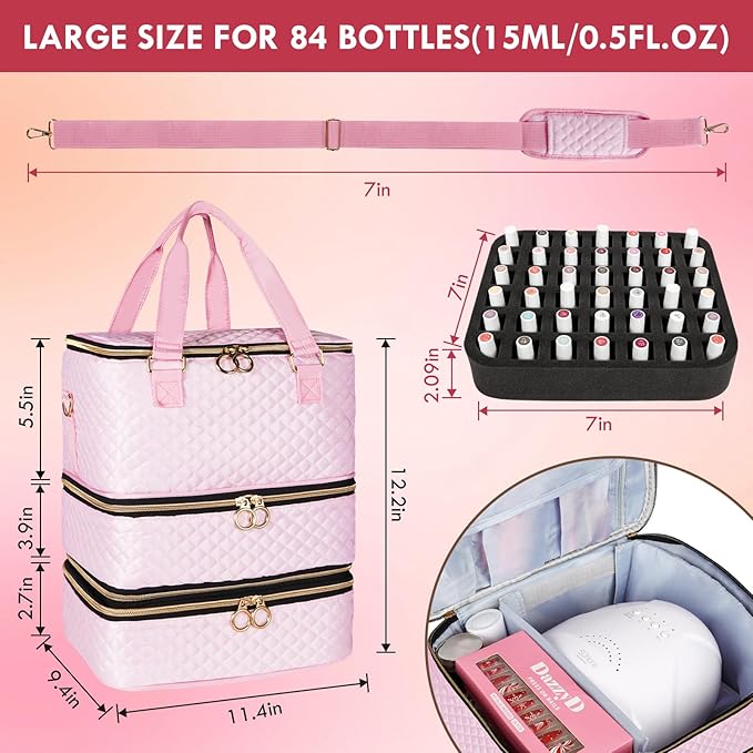Nail Polish Organizer Bag Hold 84 Bottles(15ml/0.5 fl.oz), 3 Layers Nail Kit Supplies Organizer Bag Travel, Nail Organizers and Storage Case with Holder & Shoulder Strap, pink