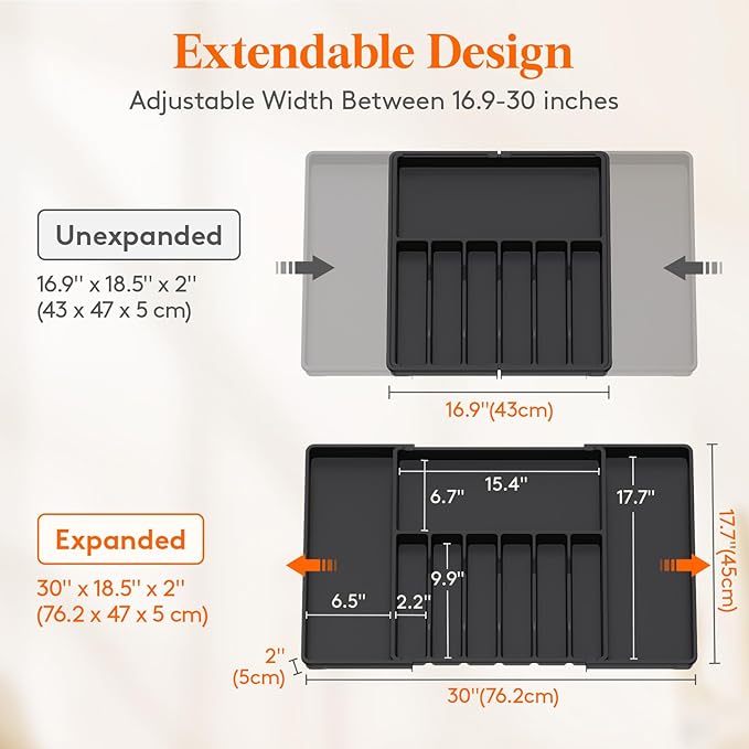 Lifewit Silverware Drawer Organizer, Expandable Utensil Tray for Kitchen, BPA Free Flatware and Cutlery Holder, Adjustable Plastic Storage for Spoons Forks Knives, 17- 30 x 18.5", Black
