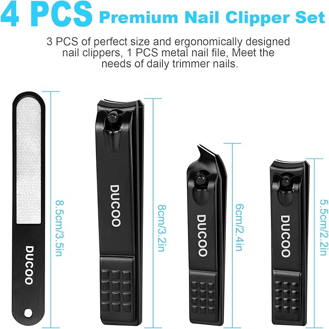 DUCOO Nail Clipper Set, 4 PCS Ultra Sharp Nail Clippers for Men, Women, Adults Toenail Fingernail Clippers, Stainless Steel Nail Cutter & File, Black