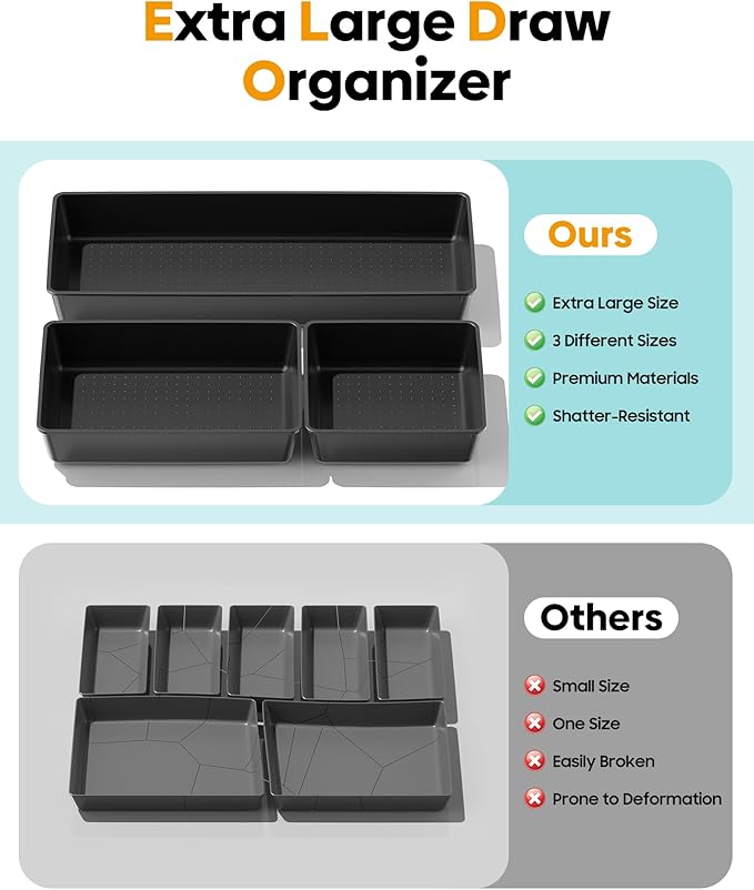 10 Pack Large Size Plastic Drawer Organizers Set, 3 Sizes Desk Drawer Organizer Trays, Storage Bins for Vanity, Makeup, Bathroom, Kitchen Utensils and Office (Black)