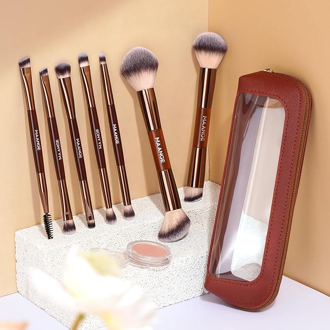MAANGE 7 PCS Foundation Makeup Brush Set With Bag, Make up Brushes, Eyeshadow Concealer Brush, Double-ended Foundation Contour Powder Blush, Professional Face brush Set Tools For Liquid,Cream(Apricot)