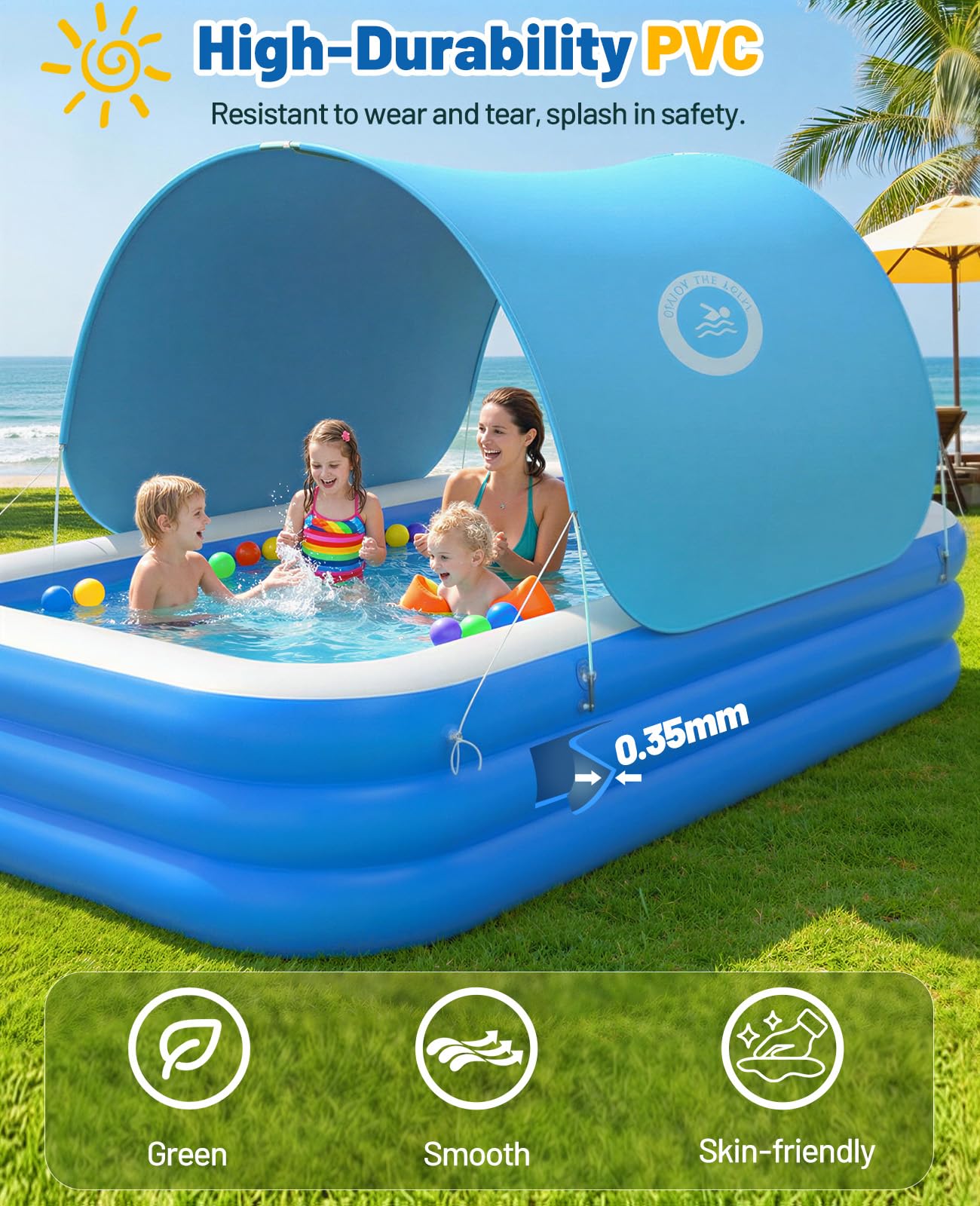 HeySplash Inflatable Pool with Canopy, Large Inflatable Swimming Pool for Adults & Kids, Blow Up Pool Thickened Family Pool for Outdoor Backyard Garden Party Summer Fun, 118" x 69" x 24"(Blue)