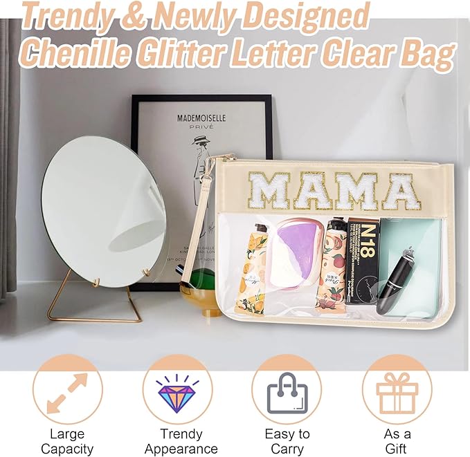izuzta Chenille Letter Clear Bag Mama Purse Pouch, Monogram PVC & PU Clear Zipper Pouch with Wristlet, Waterproof Portable Glitter Snacks Makeup Beach Pouch Toiletry Bag for Women Girls (MAMA-Beige)
