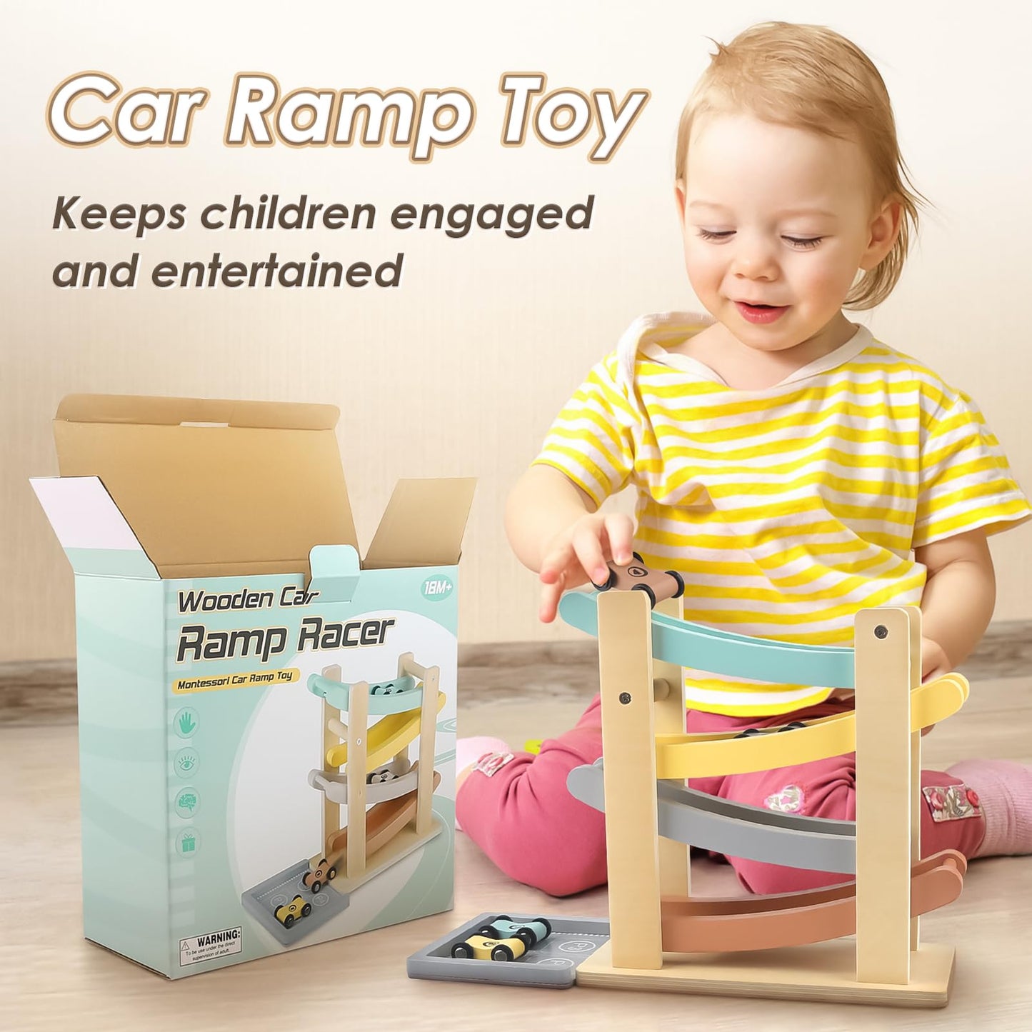 Joyreal Montessori Toys for 1 2 Year Old Boys and Girls - Soft Color Wooden Car Ramp Race Track Set with 4 Mini Cars & Garage - Christmas Birthday Gifts for Toddlers 1-3 Year Old