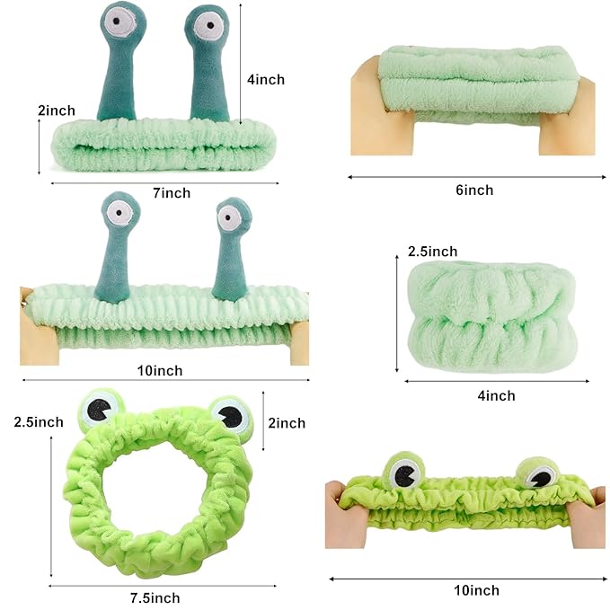 Chanaco Spa Frog and Snail Hair Accessories for Women and Girls - Headband and Wristband Set for Makeup, Skincare, and Face Washing
