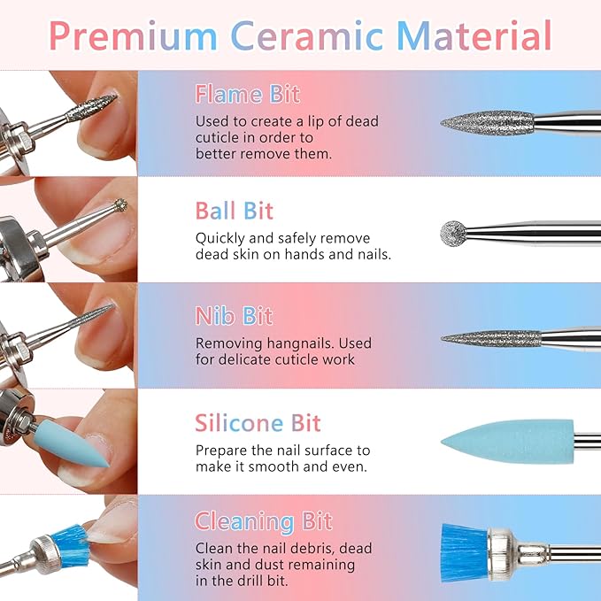 BQAN Nail Drill Bits Set, 10Pcs 3/32 In Drill Bit for Nail Tech Ceramic Diamond Bits with 75Pcs Nail File Sanding Bands for Remove Cuticle Acrylic Polish Nails Manicure