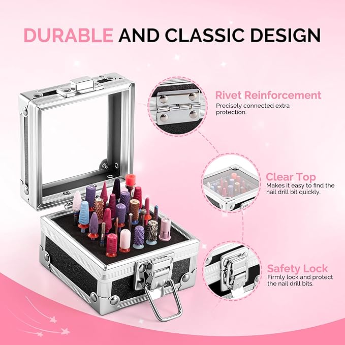 MelodySusie Nail Drill Bits Holder, 25 Holes Case, Portable Dustproof Displayer Organizer Container, Nail Tech Professional Nail Art Tool, Travel Salon Home, Black (Drill Bits Not Included)
