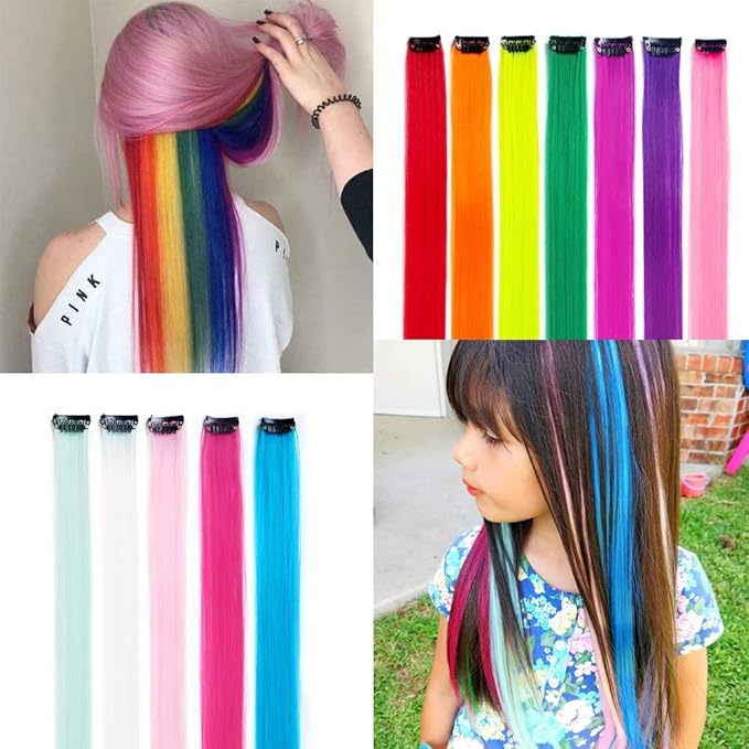32Packs Colored Hair Extensions 20Inch Straight Color Clip in on Hair Extension Rainbow Party Highlights Synthetic Hairpiece(16 colors)
