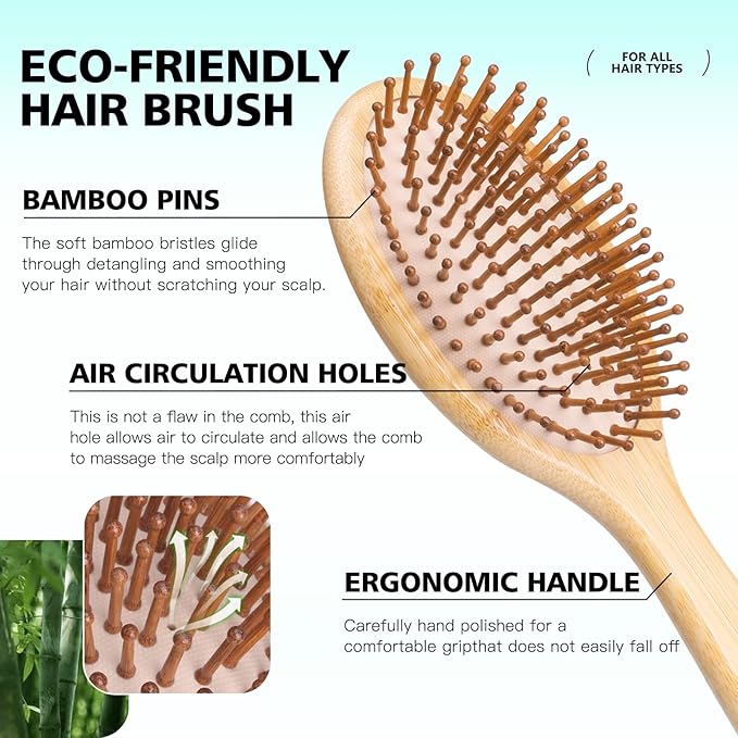 Combeter Bamboo Hair Brush and Comb Set (4PCS) Ã¢ÂÂ Natural & Eco-Friendly Detangler Comb for Women, Men & Kid, Reduces Frizz, Promotes Healthy Hair Growth Ã¢ÂÂ Wooden Paddle Brush with Scalp Massage