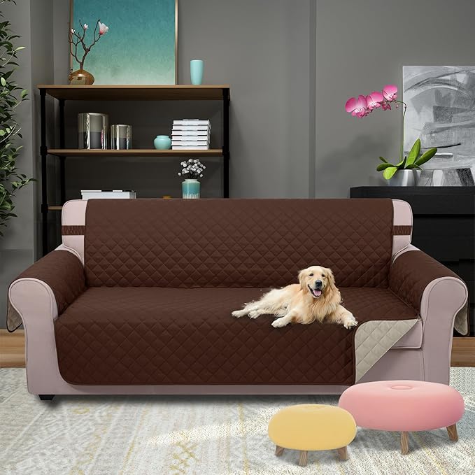 U-NICE HOME 4 Seater Sofa Cover 91 Inch Large Couch Covers for 4 Cushion Couch with Elastic Straps Water Resistant Furniture Protector Cover for Pets Cat (Sofa XX-Large, Brown/Beige)