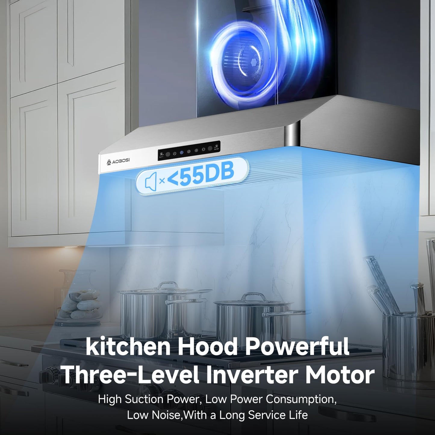 AAOBOSI Range Hood 30 inch Under Cabinet, (Upgraded)800-CFM Gesture Sensing/Touch Control/Motor,3 Speed Range Hood with LED Lights Exhaust Fan, Stainless Steel Kitchen Vent Hood