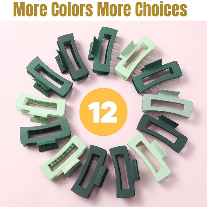 12 Pcs Green Large Square Hair Claw Clips for Women, 4.3-Inch Matte Rectangle Claw, Strong Hold Non-slip Hair Clips for Thick & Thin Hair