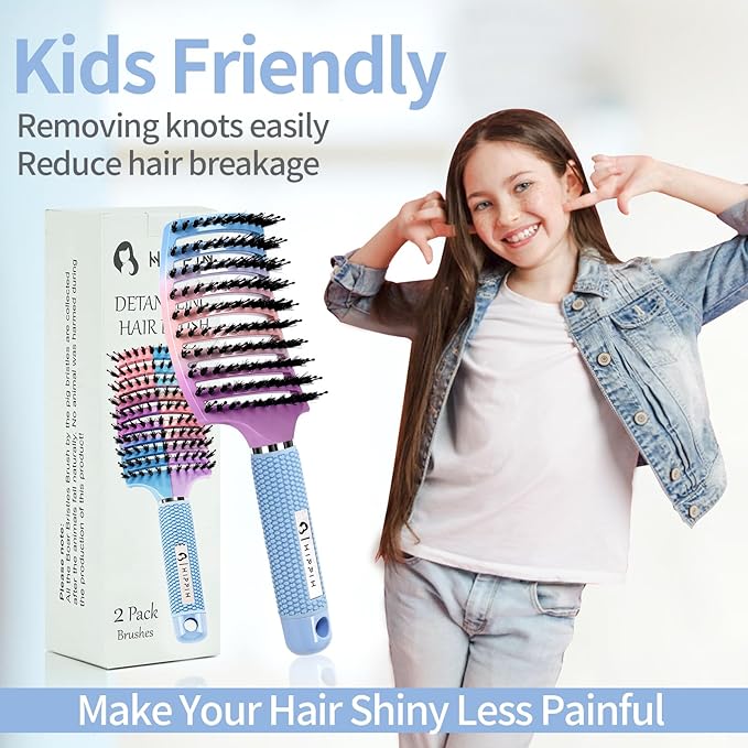 Boar Bristle Hair Brush Set of 2, HIPPIH Wet & Dry Hair Brushes Made by Fine Natural Boar Hair Can Adds Shine and Smoothing, Detangling Hairbrush for Women, Men & Kids' Long Curly Thick Hair