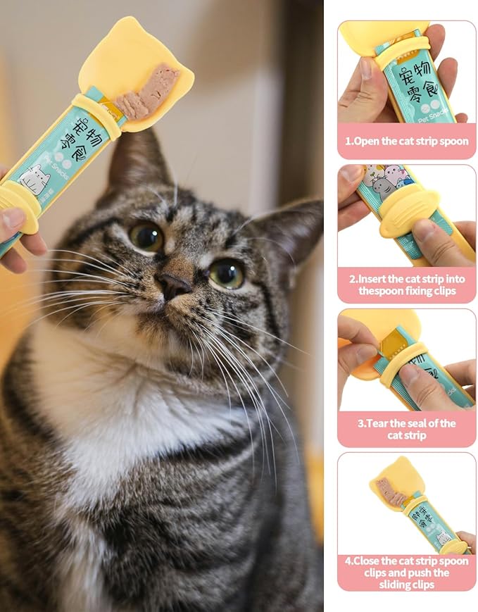 5 PCS Cat Food Can Covers Lids Set, Silicone Pet Food Can Lids with Multi-Function Cat Food Spoon and Opener, Cat Bar Squeezer, Stainless Steel Wet Food Spoon for Cats and Dogs (Orange)