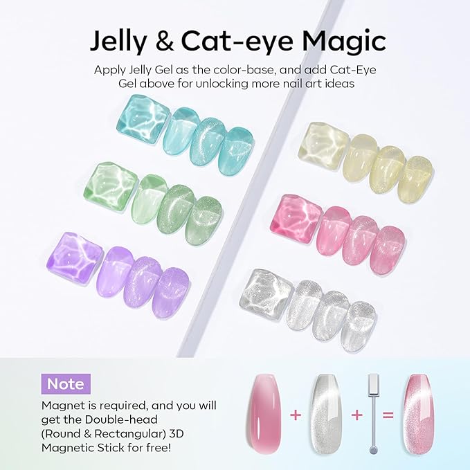 modelones Gel Nail Polish Set, 6 Colors 2026 Spring Summer Silver Cat Eye Gel Polish Translucent Pastel Sheer Pink Yellow Lavender Purple Baby Blue Mint Green Jelly Nail Polish W Magnet LED DIY Gift