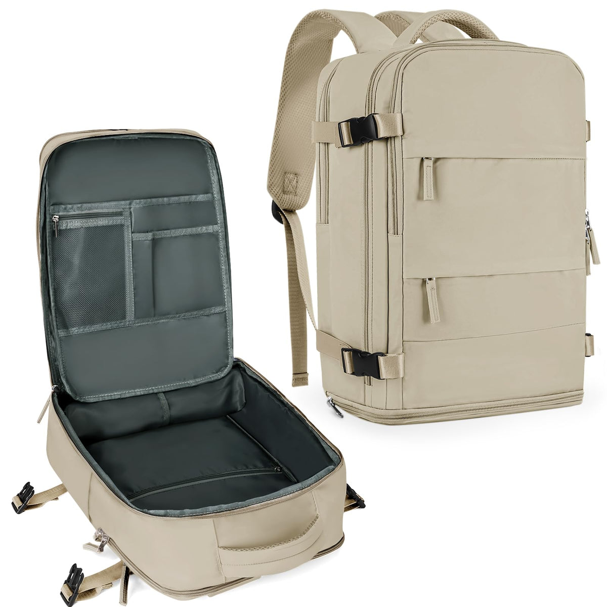 coowoz Large Travel Backpack For Women Men,Carry On Backpack Flight Approved,Hiking Backpack Waterproof Outdoor Rucksack Casual Daypack Fit 15.6 Inch Laptop Shoes Compartment (Khaki-L)