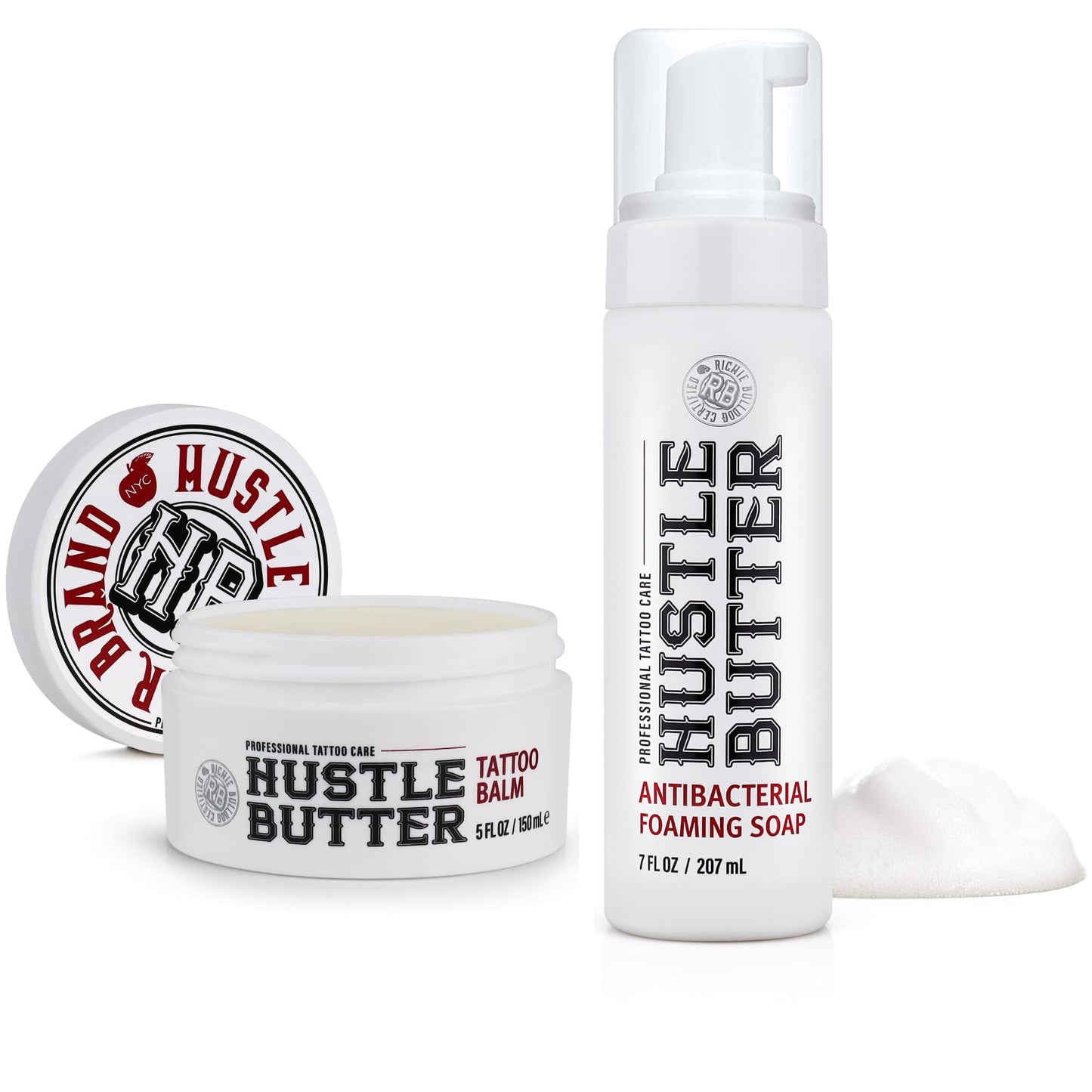 Hustle Butter Tattoo Soap & Aftercare Balm - Antibacterial Soap, Safe To Use While Healing, Vegan, No Petroleum - 5 Ounce Balm & 7 Ounce Tattoo Wash Kit