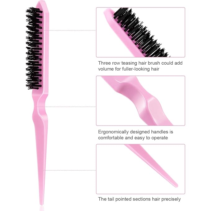 Yaomiao 6 Pcs Teasing Brush for Fine Hair Nylon Rat Tail Brush Set Women Three Row Salon Teasing Set for Back Combing, Root Hair Scalp Massage