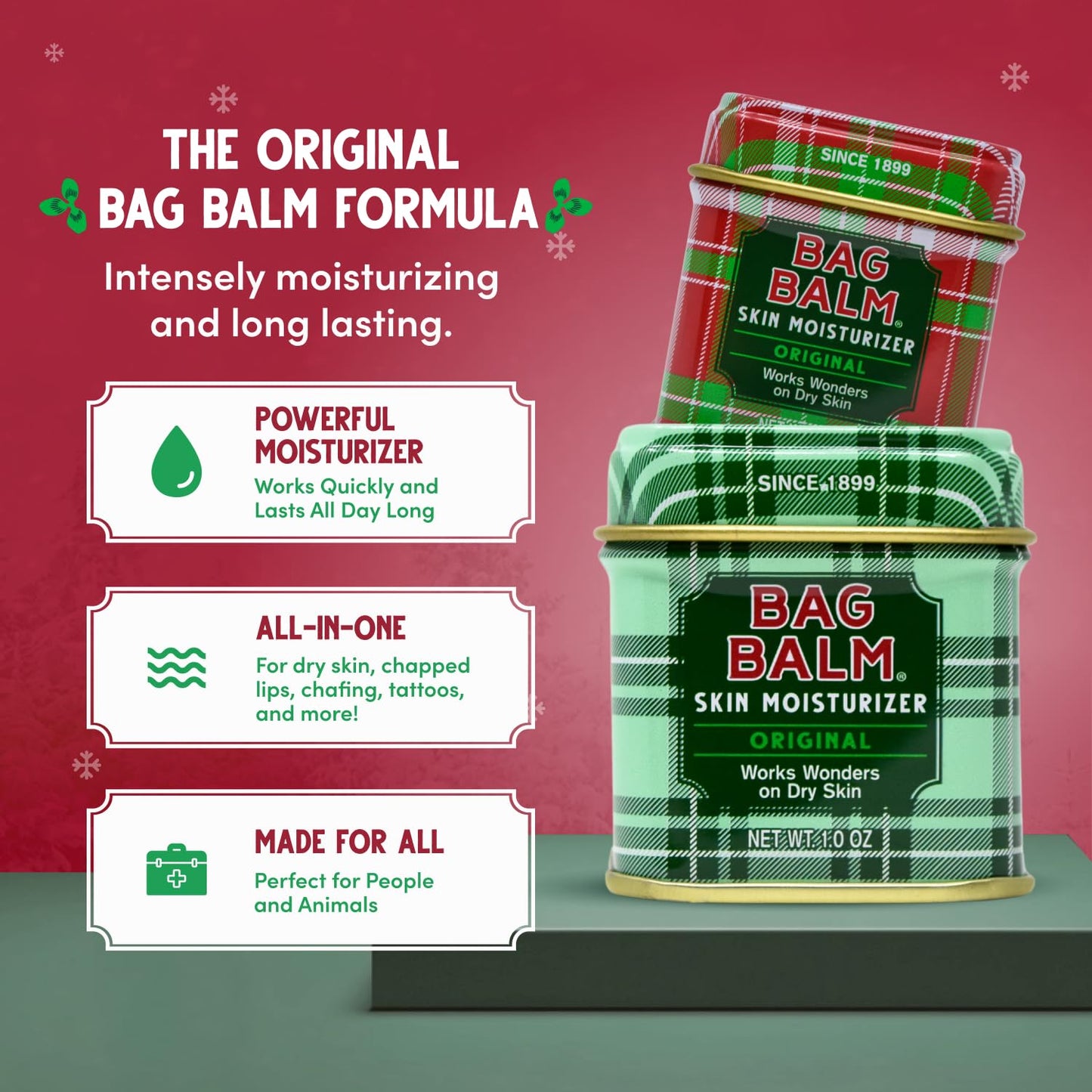 Bag Balm Mini Tin Gift Set – Bundle of 4 Limited Edition Tins (Red Star, Pink Star, Green Plaid, Red Plaid) – Multi-Use Moisturizing Balm for Dry Skin, Lips, Hands and Winter Hydration