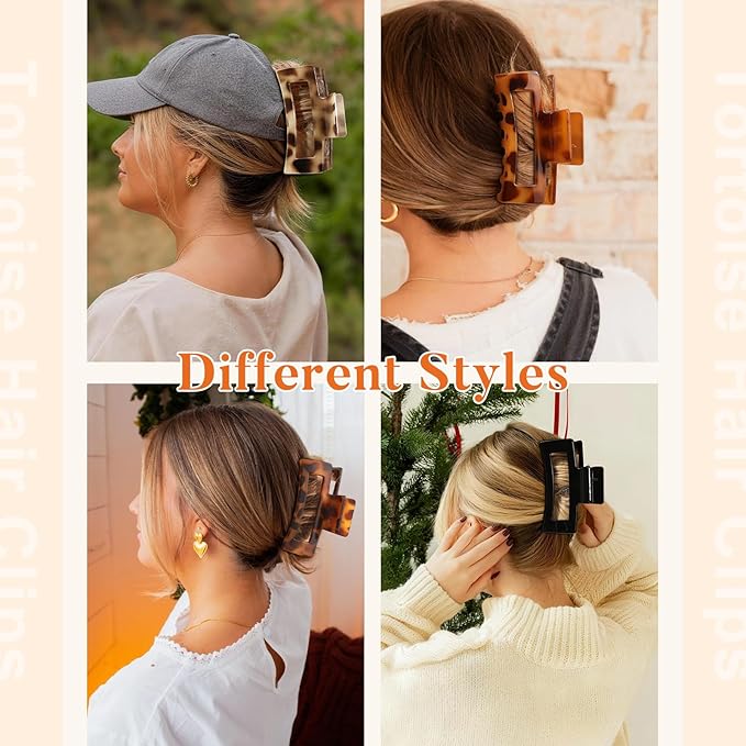 Auseibeely 4 Pack 5 Inch Extra Large Claw Clips for Thick Hair, Jumbo Tortoise Shell Claw Clip for Hat, Big Square Hair Clips for Thick/Long/Curly Hair, Non-slip Baseball Jaw Accessories