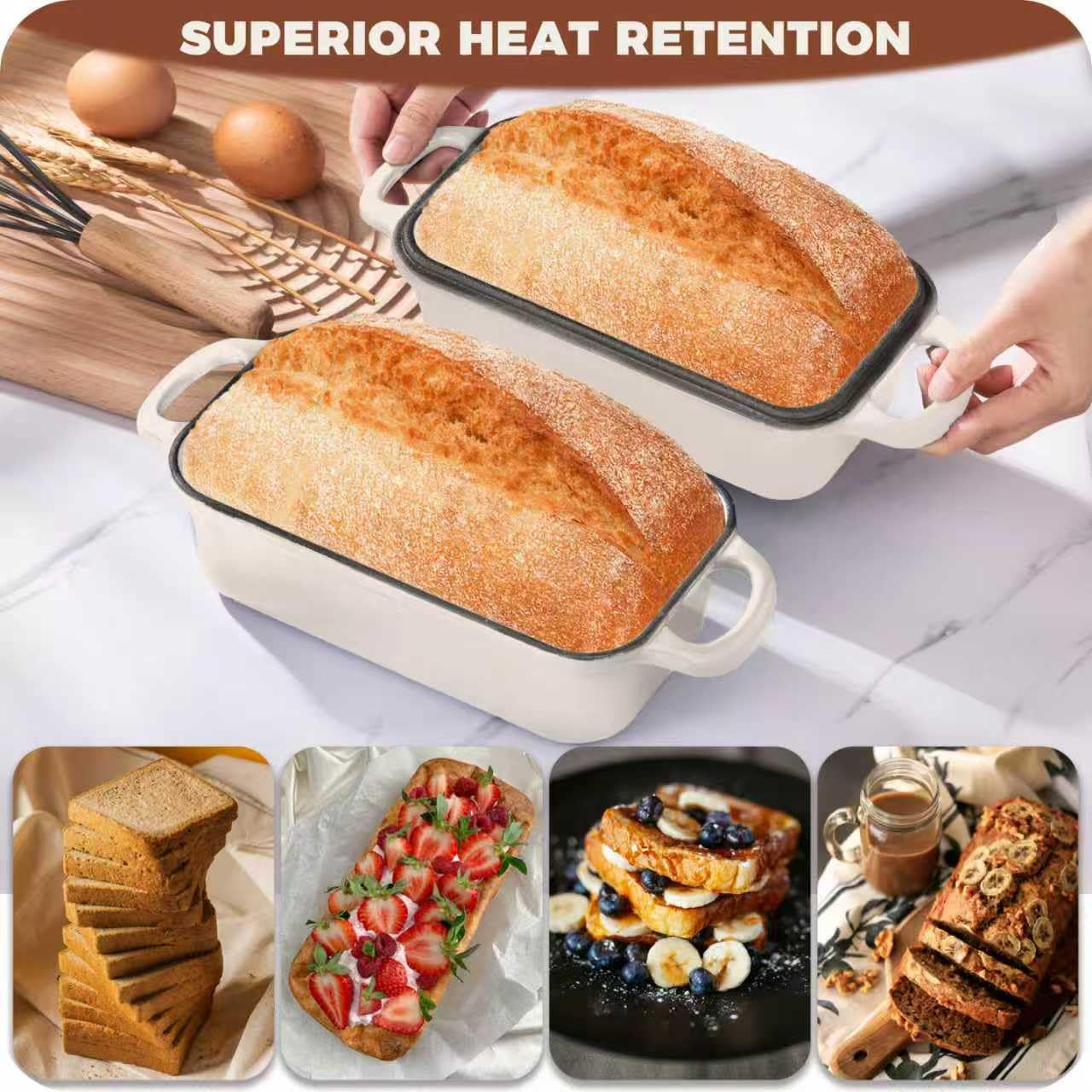 Articasting Cast Iron Bread Loaf Pan with Lid, Loaf Pans for Baking Bread 9x5, Enameled Bread Pans for Homemade Bread, Sourdough, Set of 2 (Cream White)