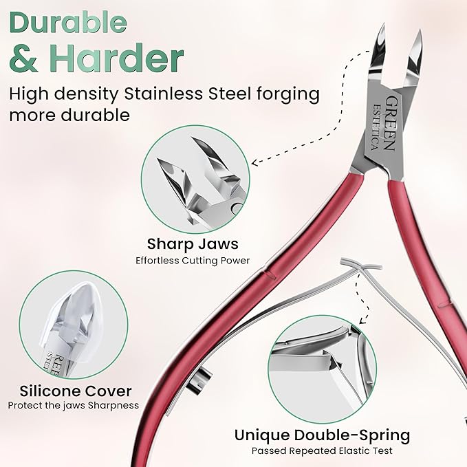 Professional Premium Cuticle Trimmer Stainless Steel Cuticle Nippers with Sharp 1/4 Jaw Blades Cuticle Clippers Double Spring Manicure Pedicure Nail Cuticle Remover Tool (Premium Red)