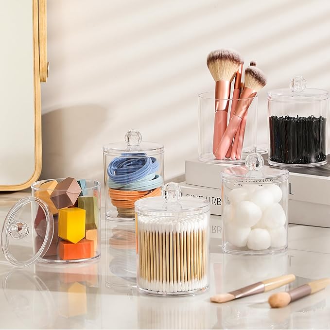 AOZITA 3 Pack Acrylic Qtip Holder Dispenser for Cotton Swab, Ball, Round Pads, Floss Picks - 10 oz Clear Plastic Apothecary Jar Set for Bathroom Canister Storage Organization, Vanity Makeup Organizer