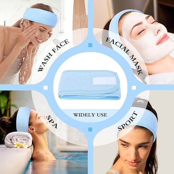 Whaline Spa Facial Headband Head Wrap Terry Cloth Headband 4 Counts Stretch Towel for Bath, Makeup and Sport (Light Blue)