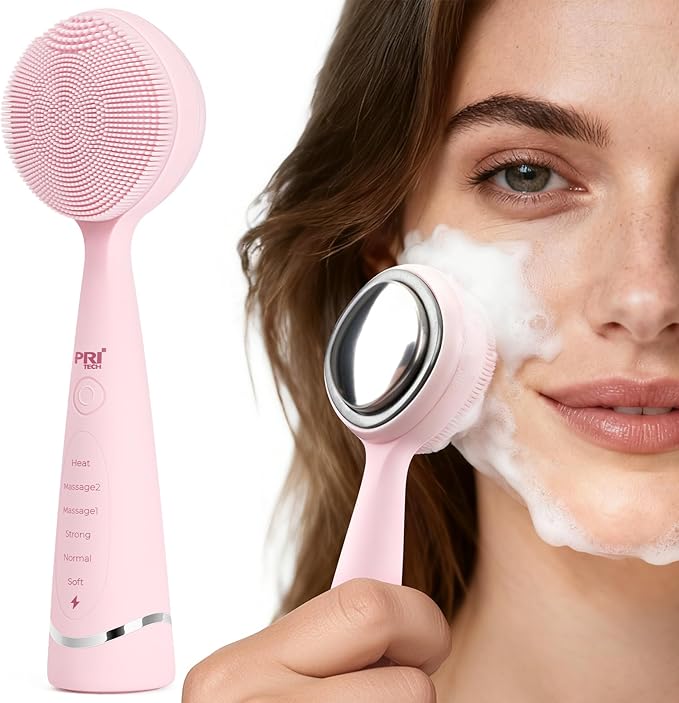PRITECH Facial Cleansing Brush with 42ÃÂ° ConstantÃ¢ÂÂTemperature Heating Ã¢ÂÂ Rechargeable Silicone Face Scrubber for Deep Pore Cleaning, Waterproof Vibrating Exfoliator for Women & Men (Pink)