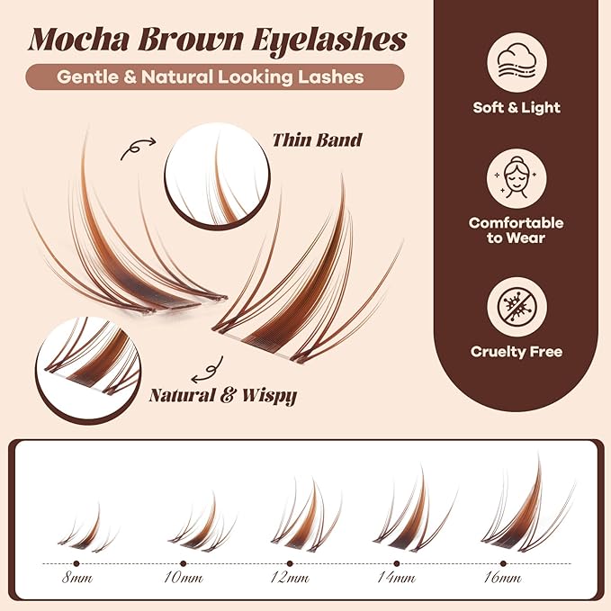 B&Q Brown Lash Clusters Blonde Brown Eyelash Cluster for Light Hair, MochaLash Cluster Eyelash Extensions Soft Browns False Eyelashes Comfortable Eyelash Clusters Perfect for Occasions（MochaLash 04）