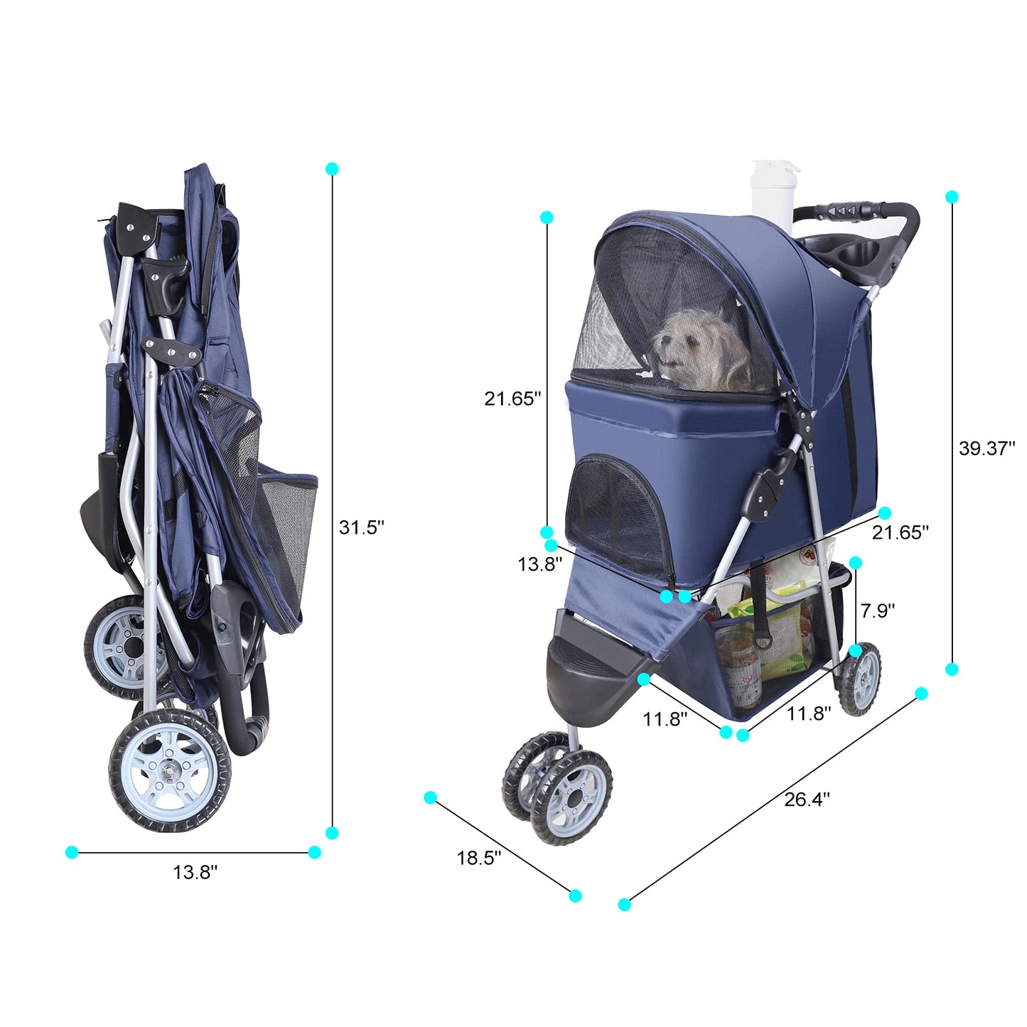Pet Strollers for Small Medium Dogs & Cats, 3-Wheel Dog Stroller Folding Flexible Easy to Carry for Jogger Jogging Walking Travel with Sun Shade Cup Holder Mesh Window (Dark Blue)