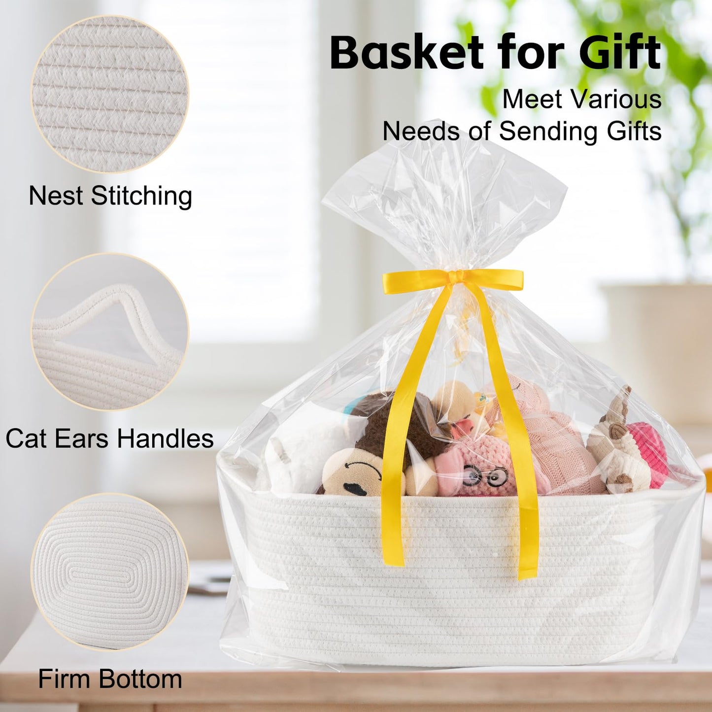 OIAHOMY 19L Woven Basket, Gift Basket Empty with Gift Bags and Ribbons, Rope Baskets for Baby Showers, Storage Baskets with Handles for Nursery, Pet Toy Organizer - White