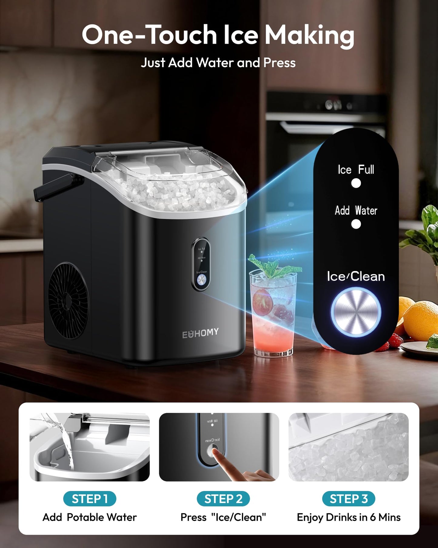 EUHOMY Nugget Ice Maker Countertop with Handle, Ready in 6 Mins, 35lbs Per Day, Removable Top Cover, Auto-Cleaning, Portable Sonic Ice Maker with Basket and Scoop, for Home/Party/RV/Camping