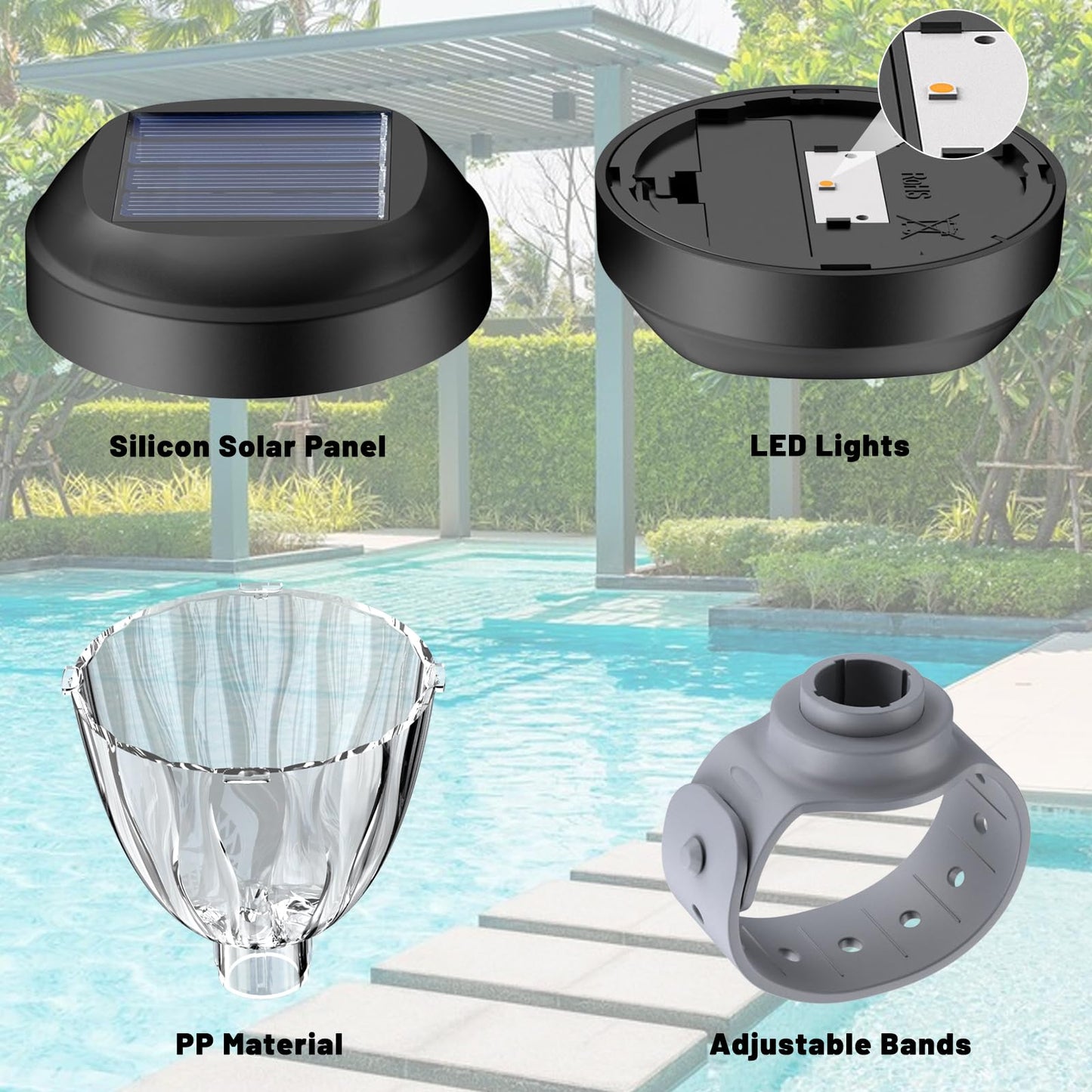 JEMULICE Solar Pool Lights for Above Ground Pools, LED Energy Saving Warm White Light, Waterproof for Frame Swimming Pools Night Accessories (8 Pcs)