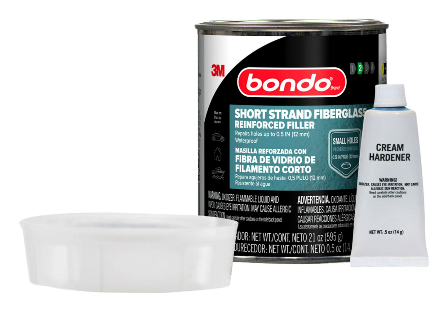 3M Bondo Short Strand Fiberglass Reinforced Filler 1.37 LB (621 g) with Bondo Cream Hardener 0.5 oz (14g), Repair Holes Up To 0.5 IN, Waterproof (SS-PT-ES)