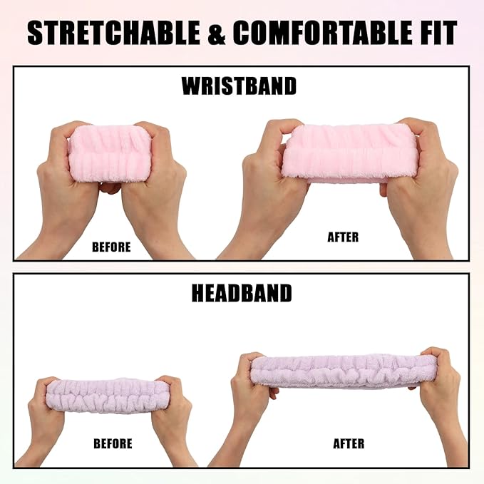 2 Pack Spa Headband and Wristband Set, 2 Hairbands & 4 Wrist Cuffs for Face Washing, Skincare, Makeup, Microfiber Absorbent Wrist Towels and Face Wash Headbands for Women Girls